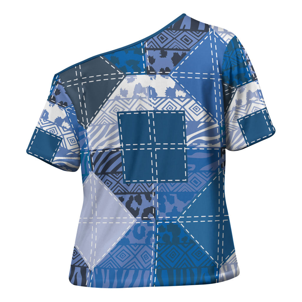 African American Quilt Inspired Cross Shoulder Shirt Wild Animal Skin African Blue Tribal Elements