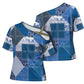 African American Quilt Inspired Cross Shoulder Shirt Wild Animal Skin African Blue Tribal Elements