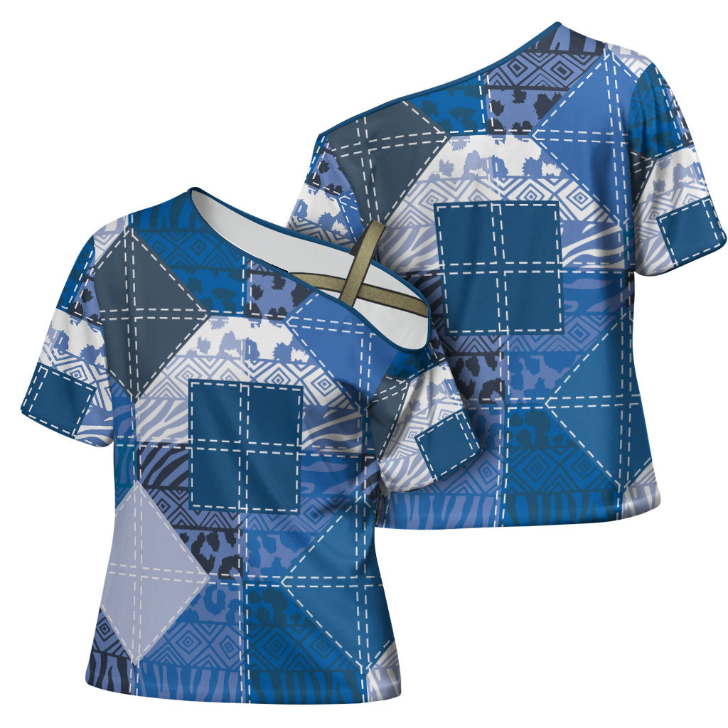 African American Quilt Inspired Cross Shoulder Shirt Wild Animal Skin African Blue Tribal Elements