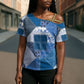 African American Quilt Inspired Cross Shoulder Shirt Wild Animal Skin African Blue Tribal Elements