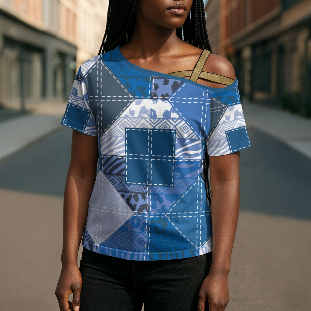 African American Quilt Inspired Cross Shoulder Shirt Wild Animal Skin African Blue Tribal Elements