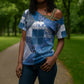 African American Quilt Inspired Cross Shoulder Shirt Wild Animal Skin African Blue Tribal Elements