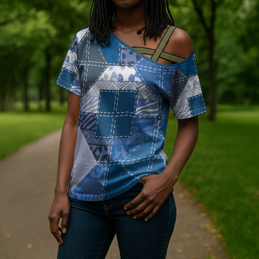 African American Quilt Inspired Cross Shoulder Shirt Wild Animal Skin African Blue Tribal Elements