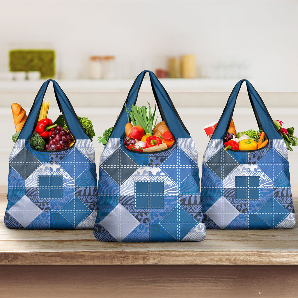 African American Quilt Inspired Grocery Bag Wild Animal Skin African Blue Tribal Elements