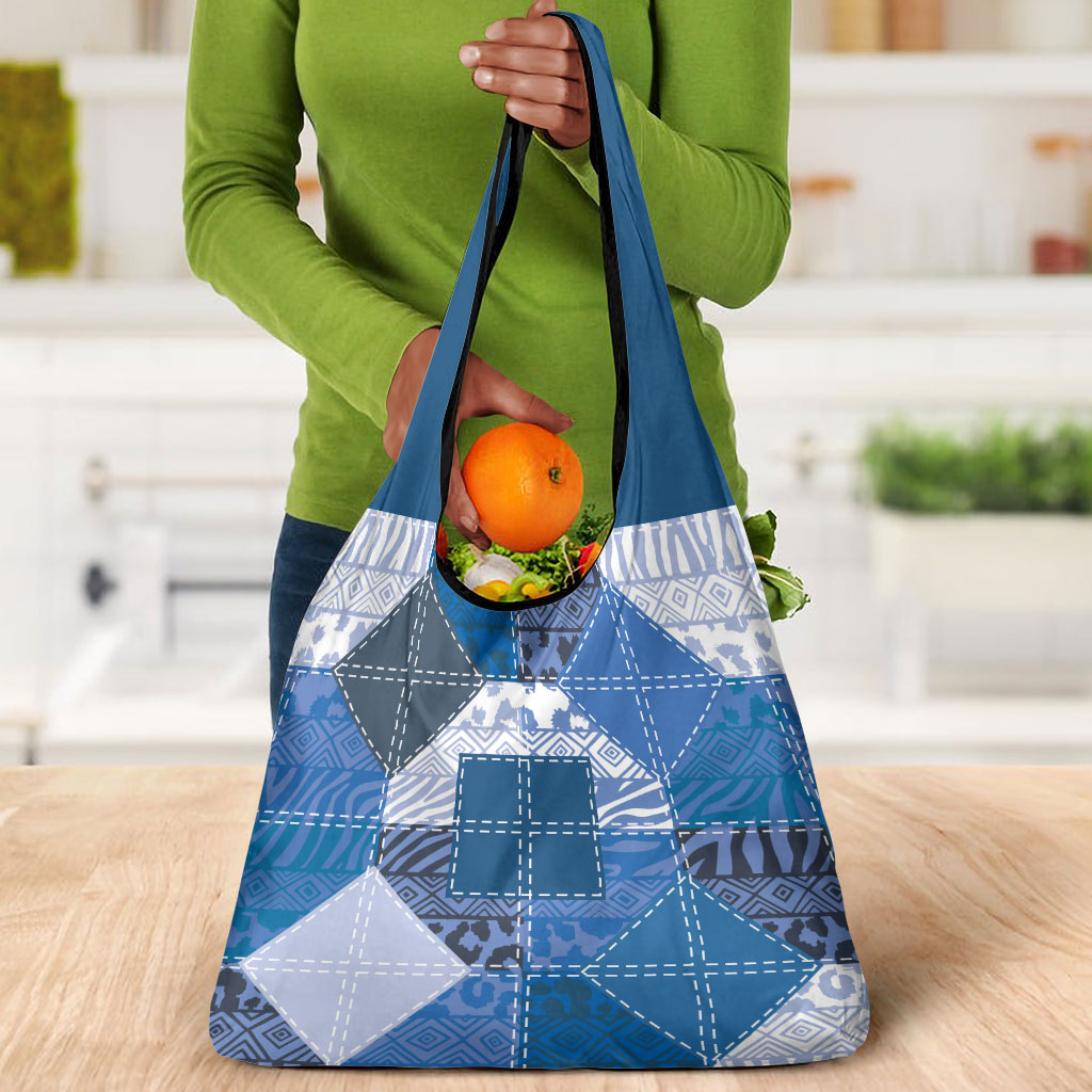 African American Quilt Inspired Grocery Bag Wild Animal Skin African Blue Tribal Elements