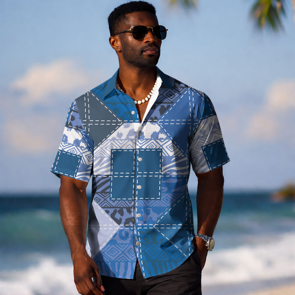 African American Quilt Inspired Hawaiian Shirt Wild Animal Skin African Blue Tribal Elements