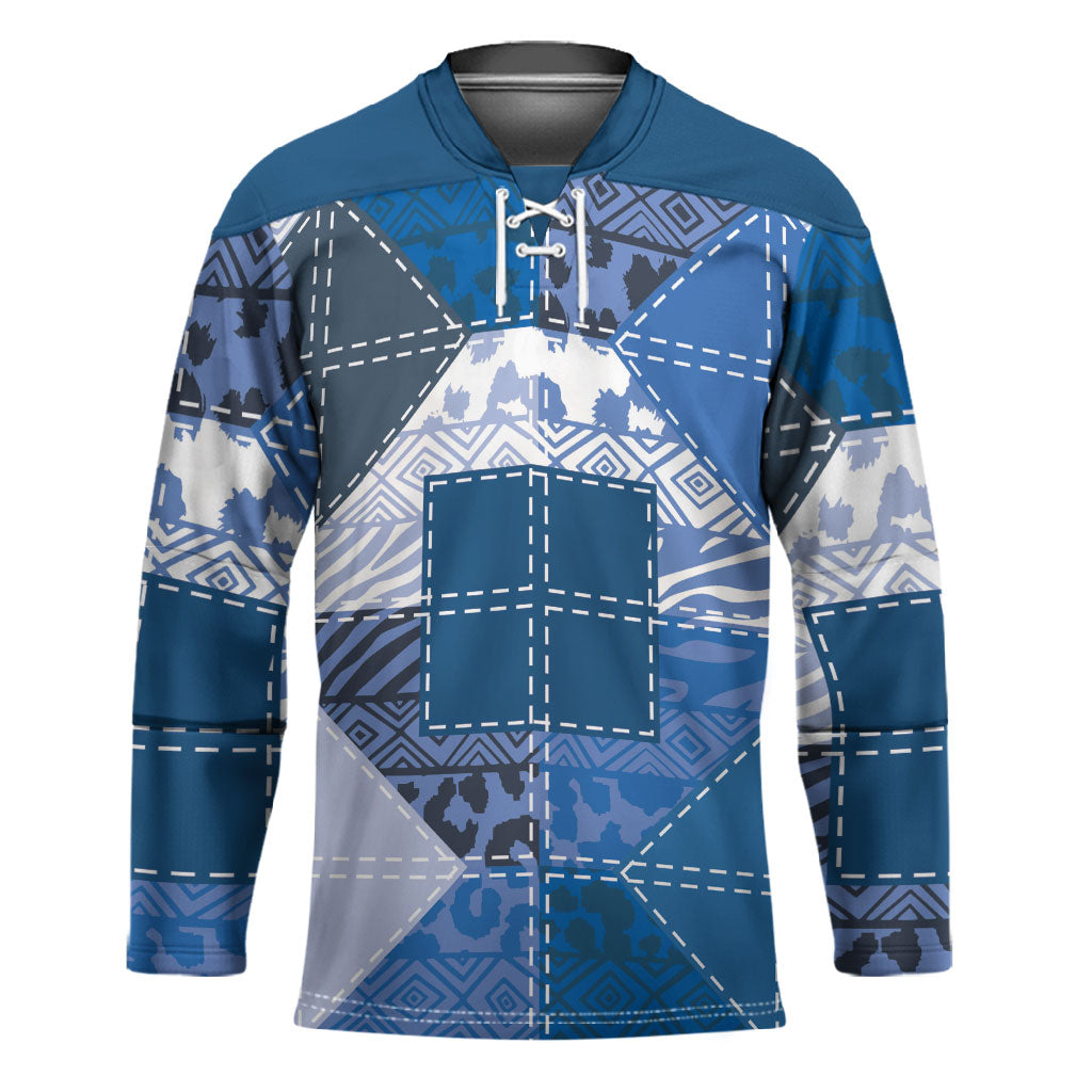 African American Quilt Inspired Hockey Jersey Wild Animal Skin African Blue Tribal Elements