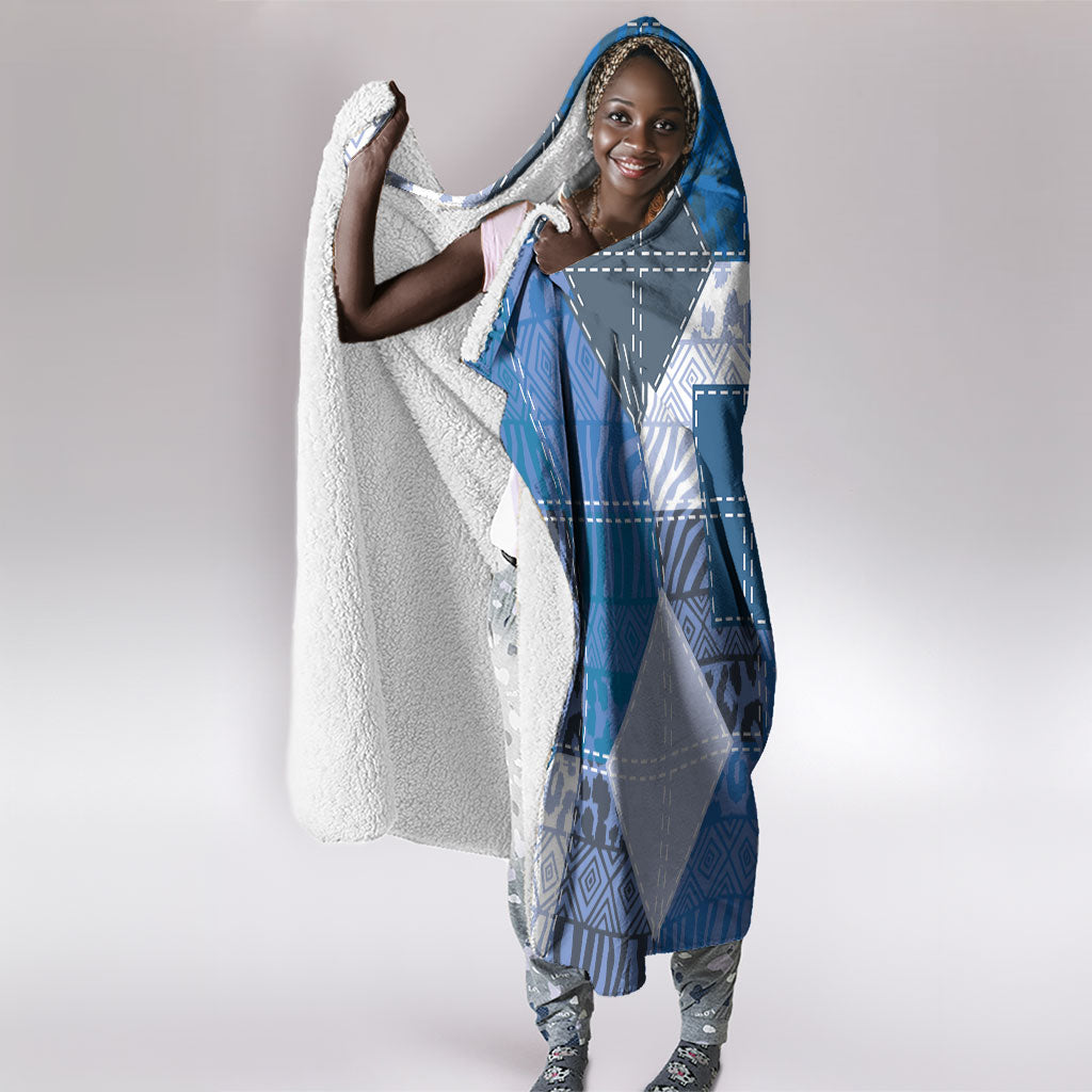 African American Quilt Inspired Hooded Blanket Wild Animal Skin African Blue Tribal Elements