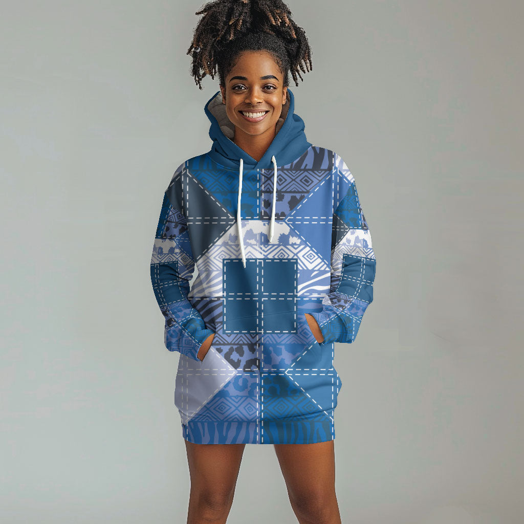 African American Quilt Inspired Hoodie Dress Wild Animal Skin African Blue Tribal Elements