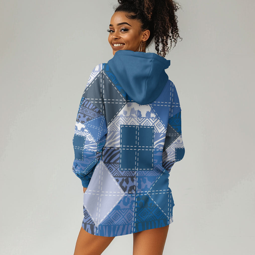 African American Quilt Inspired Hoodie Dress Wild Animal Skin African Blue Tribal Elements