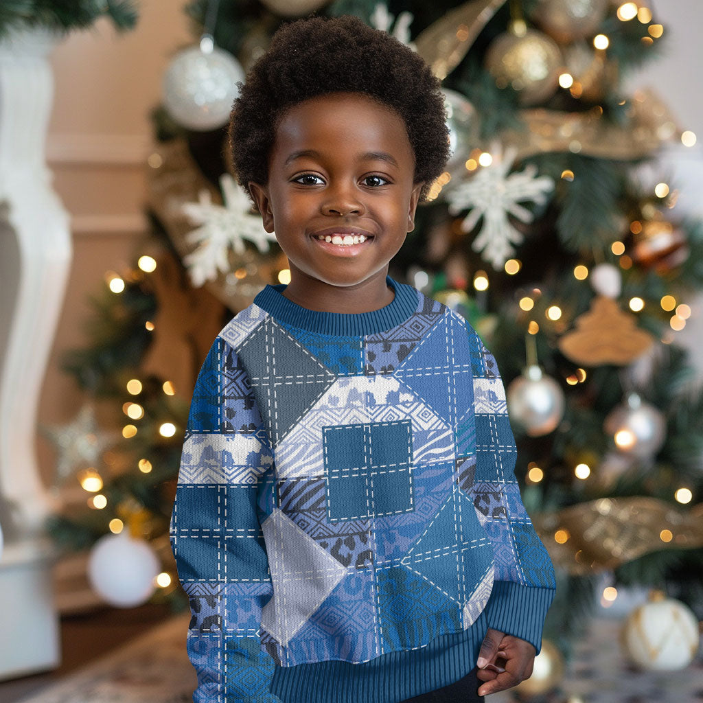 African American Quilt Inspired Kid Ugly Christmas Sweater Wild Animal Skin African Blue Tribal Elements
