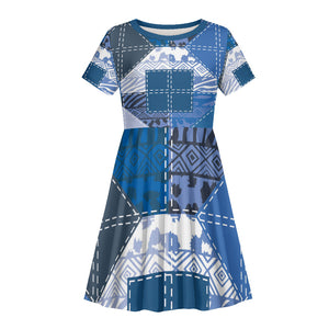 African American Quilt Inspired Kid Short Sleeve Dress Wild Animal Skin African Blue Tribal Elements