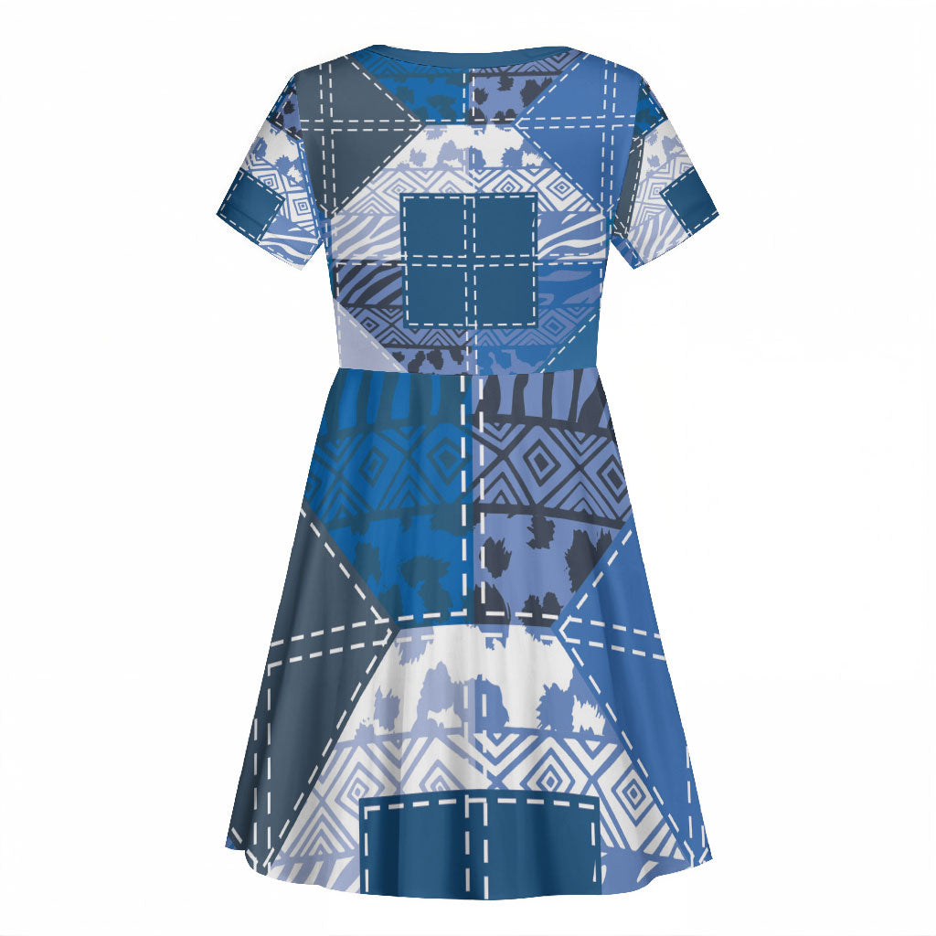 African American Quilt Inspired Kid Short Sleeve Dress Wild Animal Skin African Blue Tribal Elements