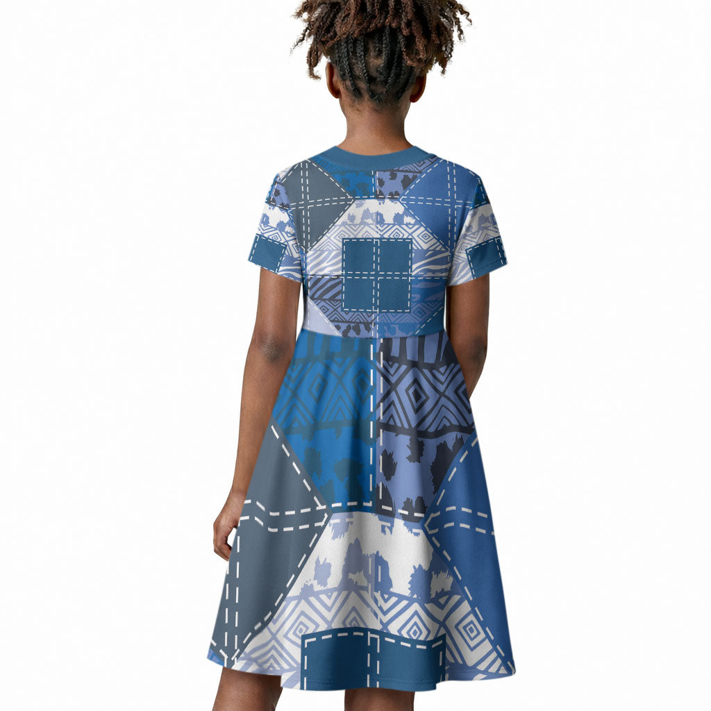 African American Quilt Inspired Kid Short Sleeve Dress Wild Animal Skin African Blue Tribal Elements