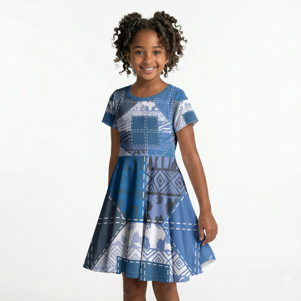 African American Quilt Inspired Kid Short Sleeve Dress Wild Animal Skin African Blue Tribal Elements