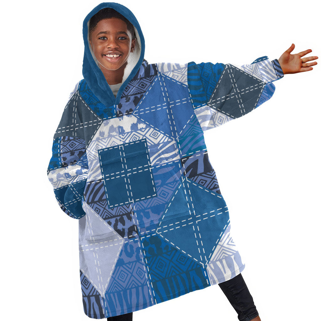 African American Quilt Inspired Kid Wearable Blanket Hoodie Wild Animal Skin African Blue Tribal Elements