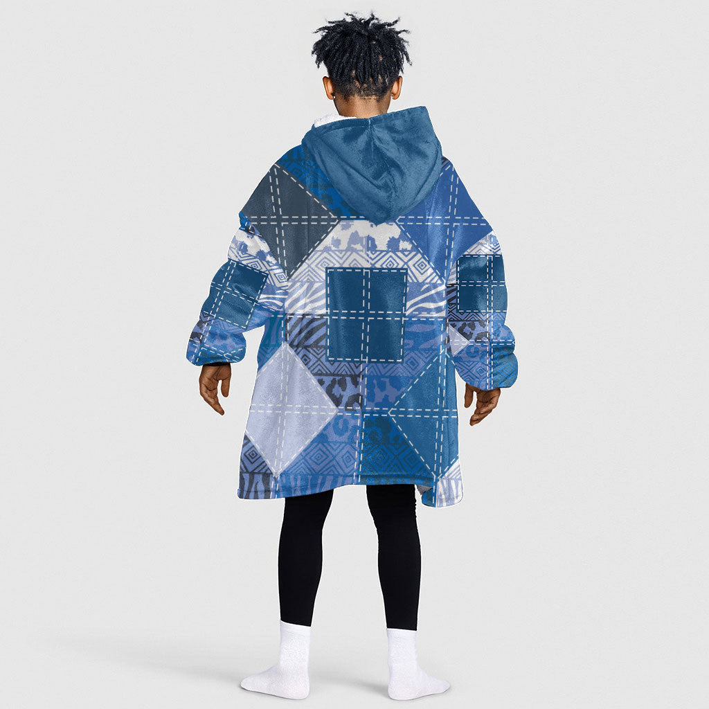 African American Quilt Inspired Kid Wearable Blanket Hoodie Wild Animal Skin African Blue Tribal Elements