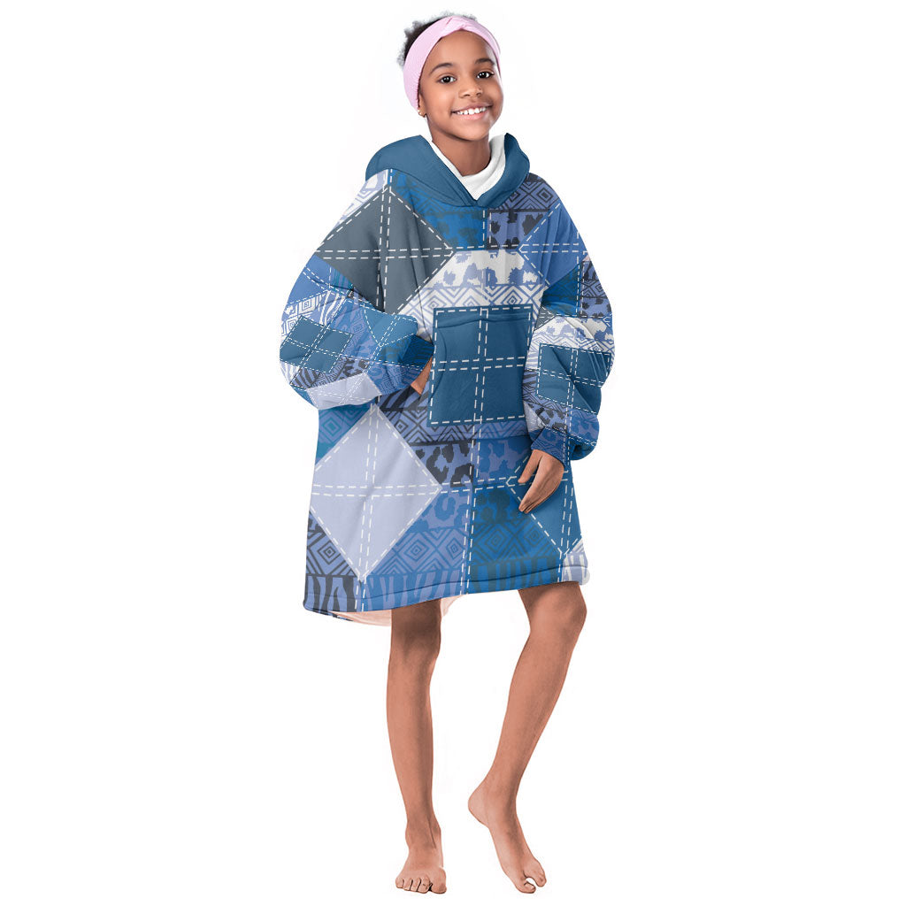 African American Quilt Inspired Kid Wearable Blanket Hoodie Wild Animal Skin African Blue Tribal Elements