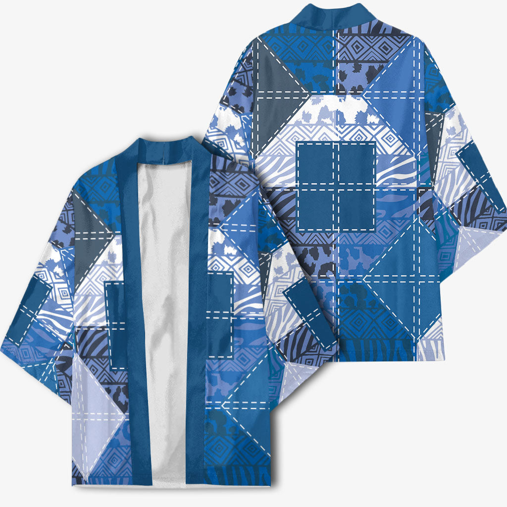 African American Quilt Inspired Kimono Wild Animal Skin African Blue Tribal Elements