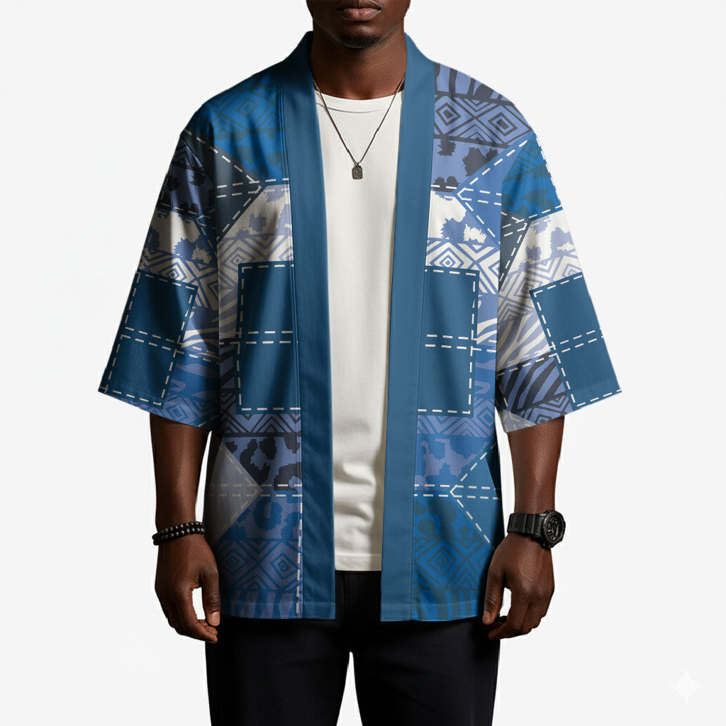 African American Quilt Inspired Kimono Wild Animal Skin African Blue Tribal Elements