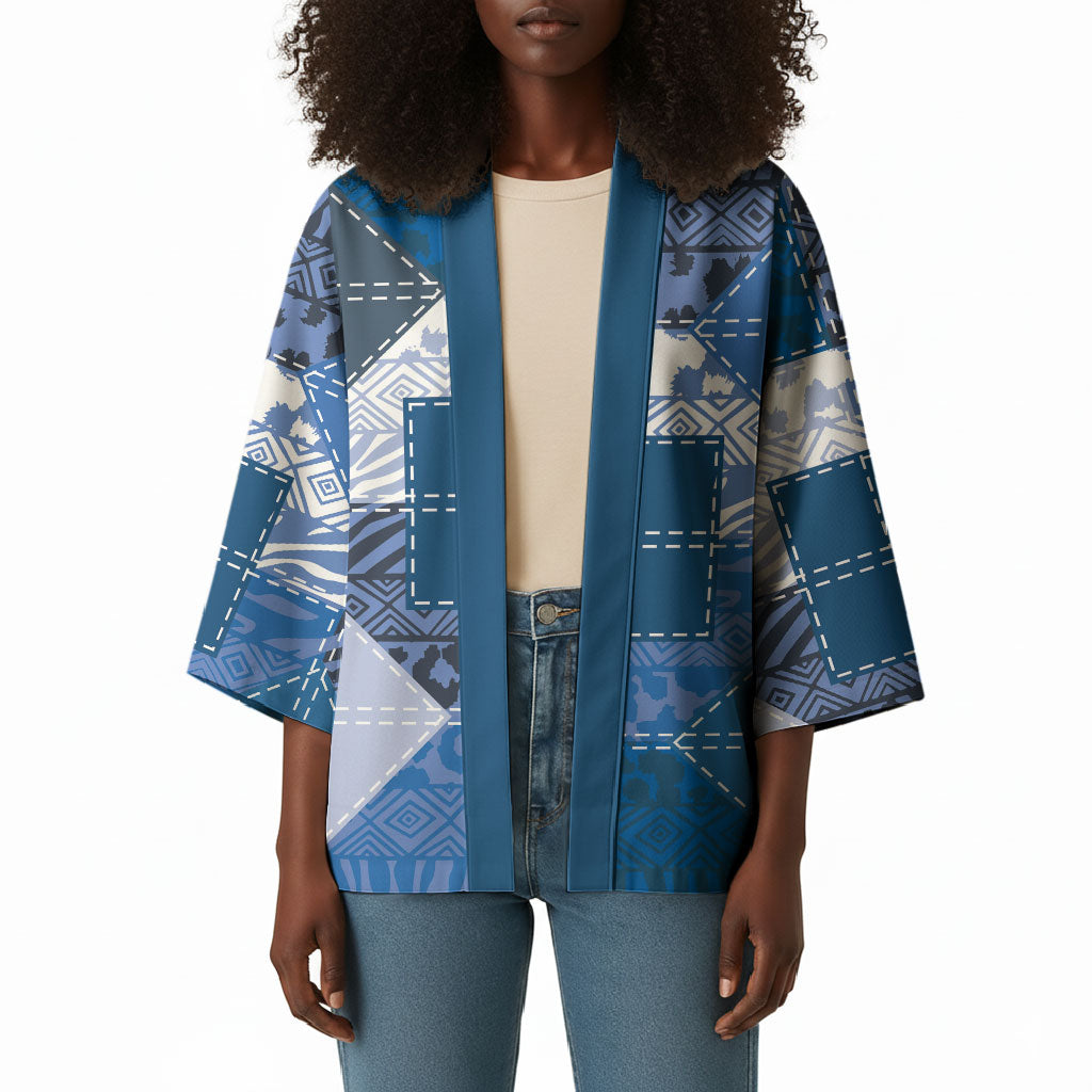 African American Quilt Inspired Kimono Wild Animal Skin African Blue Tribal Elements