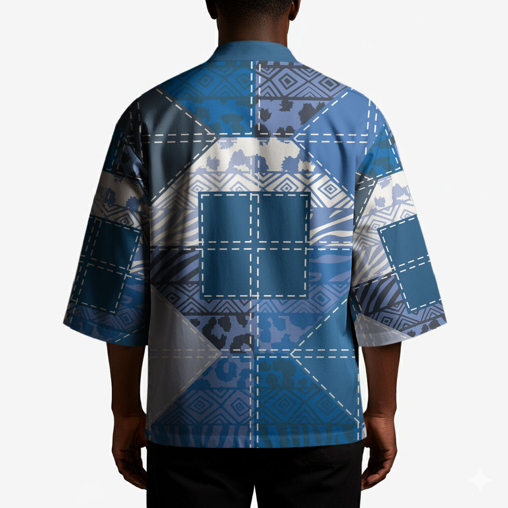 African American Quilt Inspired Kimono Wild Animal Skin African Blue Tribal Elements