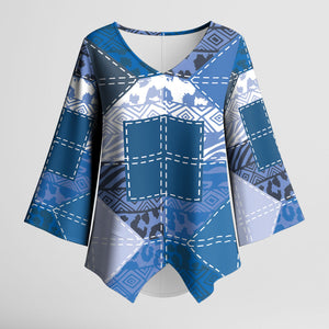African American Quilt Inspired Kimono Sleeve Blouse Wild Animal Skin African Blue Tribal Elements