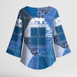 African American Quilt Inspired Kimono Sleeve Blouse Wild Animal Skin African Blue Tribal Elements