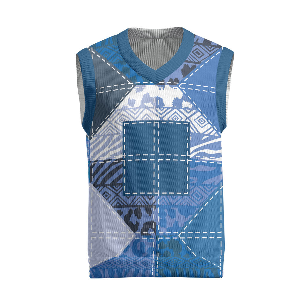 African American Quilt Inspired Christmas Knitted V-Neck Vest Wild Animal Skin African Blue Tribal Elements