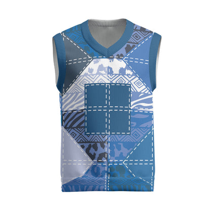 African American Quilt Inspired Christmas Knitted V-Neck Vest Wild Animal Skin African Blue Tribal Elements