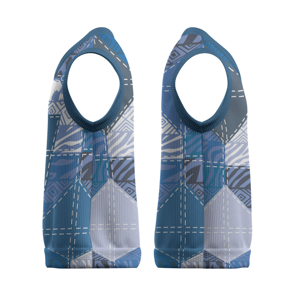 African American Quilt Inspired Christmas Knitted V-Neck Vest Wild Animal Skin African Blue Tribal Elements