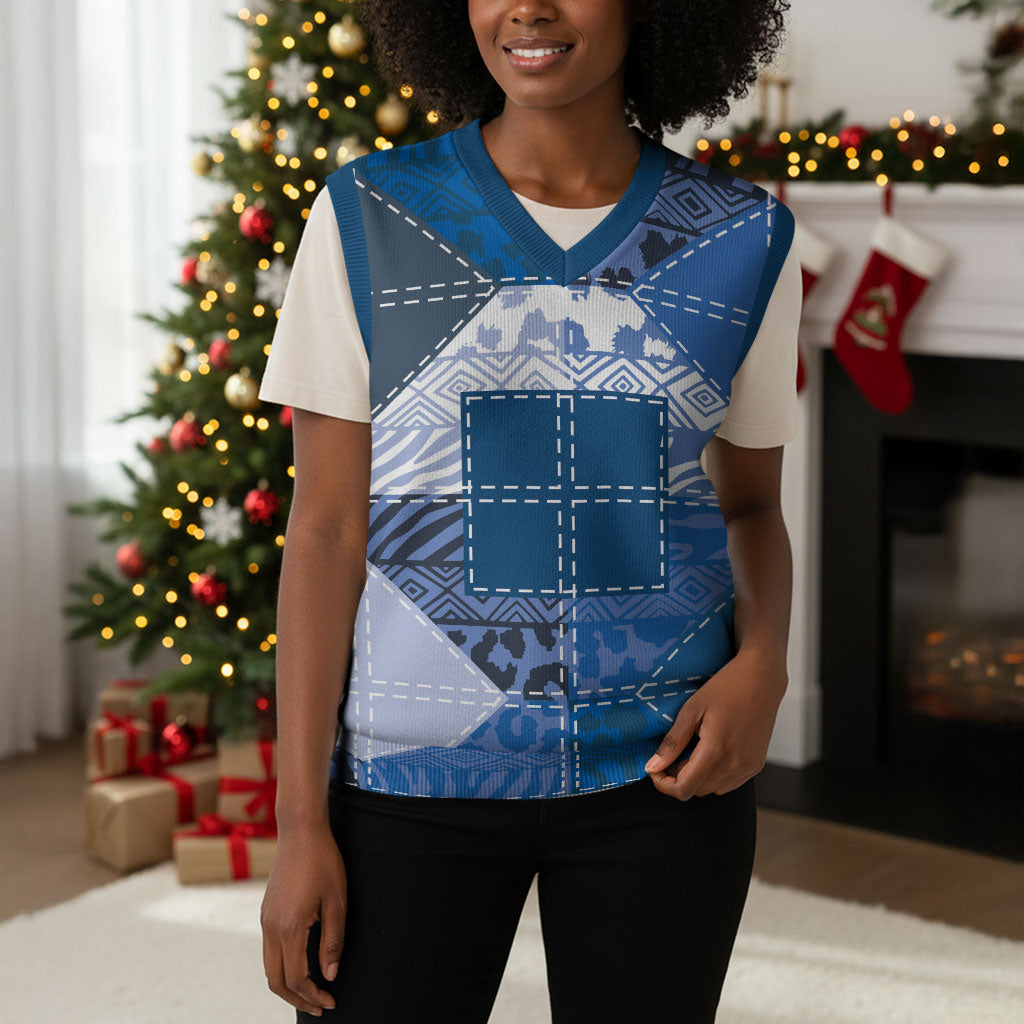 African American Quilt Inspired Christmas Knitted V-Neck Vest Wild Animal Skin African Blue Tribal Elements