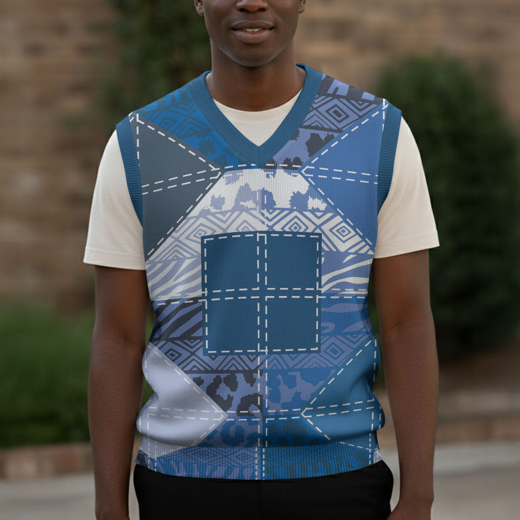 African American Quilt Inspired Christmas Knitted V-Neck Vest Wild Animal Skin African Blue Tribal Elements