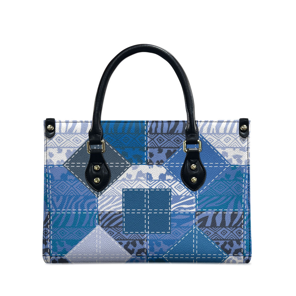 African American Quilt Inspired Leather Bag Wild Animal Skin African Blue Tribal Elements