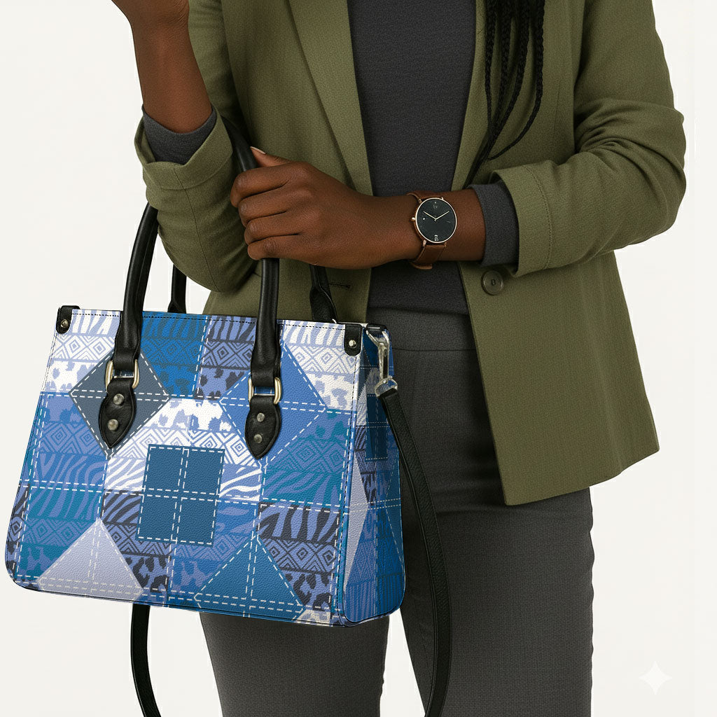 African American Quilt Inspired Leather Bag Wild Animal Skin African Blue Tribal Elements