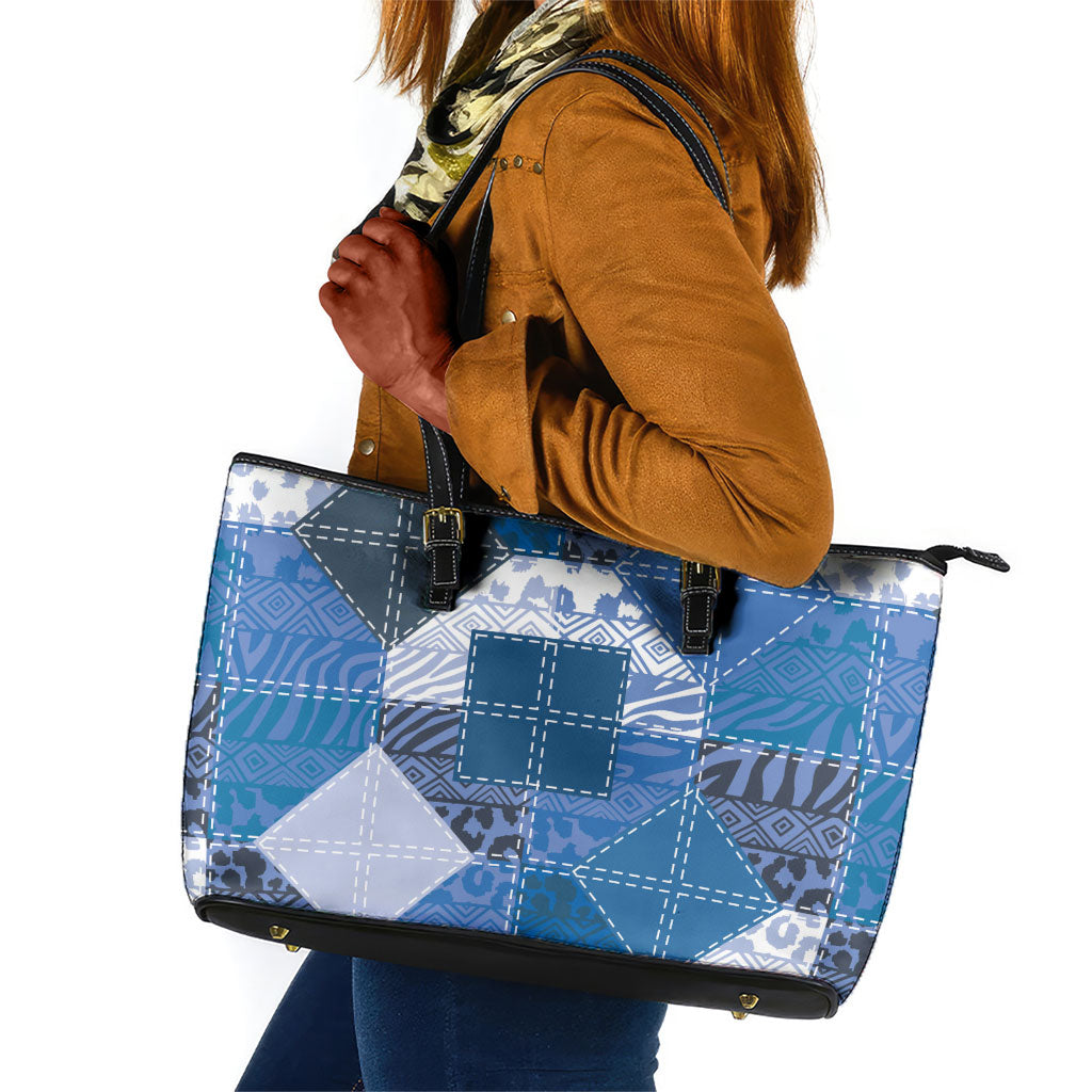 African American Quilt Inspired Leather Tote Bag Wild Animal Skin African Blue Tribal Elements