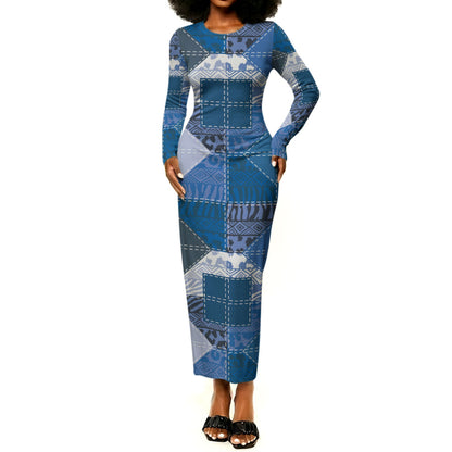 African American Quilt Inspired Long Sleeve Bodycon Dress Wild Animal Skin African Blue Tribal Elements