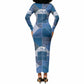 African American Quilt Inspired Long Sleeve Bodycon Dress Wild Animal Skin African Blue Tribal Elements