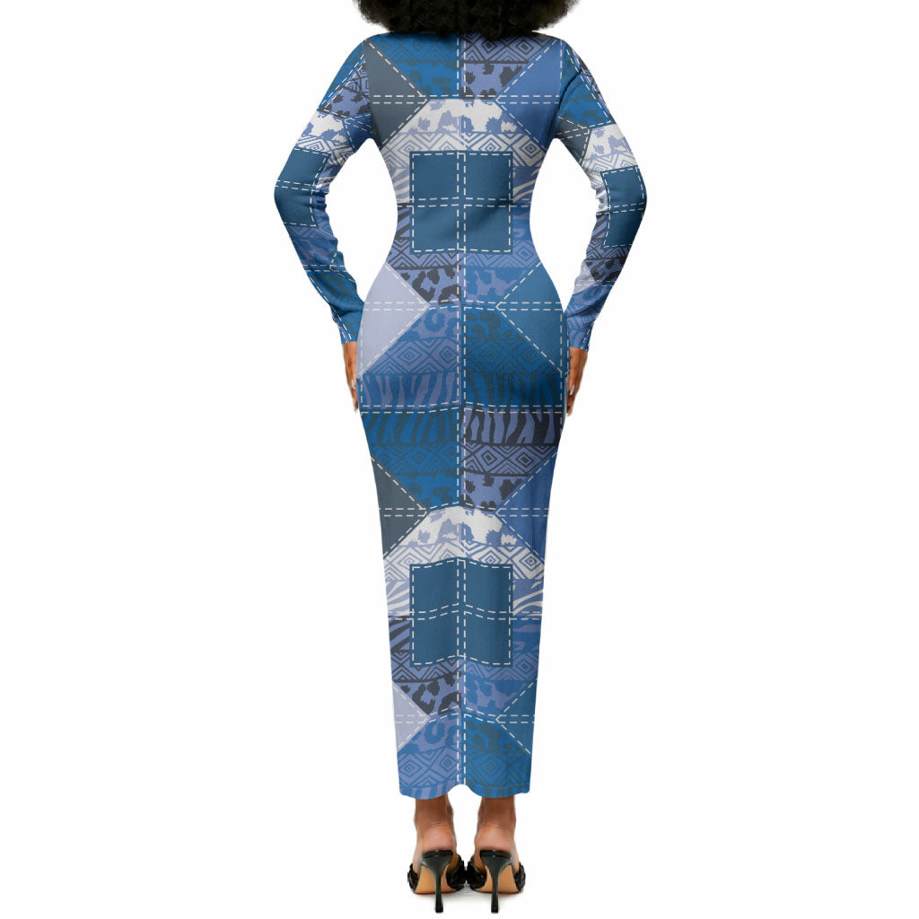 African American Quilt Inspired Long Sleeve Bodycon Dress Wild Animal Skin African Blue Tribal Elements