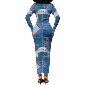 African American Quilt Inspired Long Sleeve Bodycon Dress Wild Animal Skin African Blue Tribal Elements