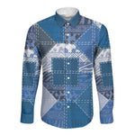 African American Quilt Inspired Long Sleeve Button Shirt Wild Animal Skin African Blue Tribal Elements