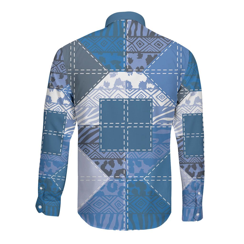 African American Quilt Inspired Long Sleeve Button Shirt Wild Animal Skin African Blue Tribal Elements
