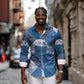 African American Quilt Inspired Long Sleeve Button Shirt Wild Animal Skin African Blue Tribal Elements