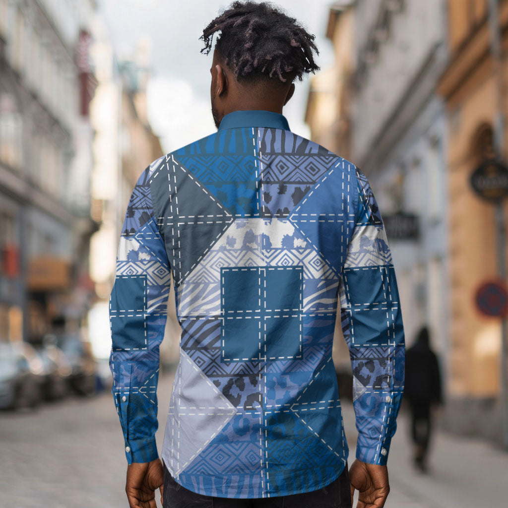 African American Quilt Inspired Long Sleeve Button Shirt Wild Animal Skin African Blue Tribal Elements
