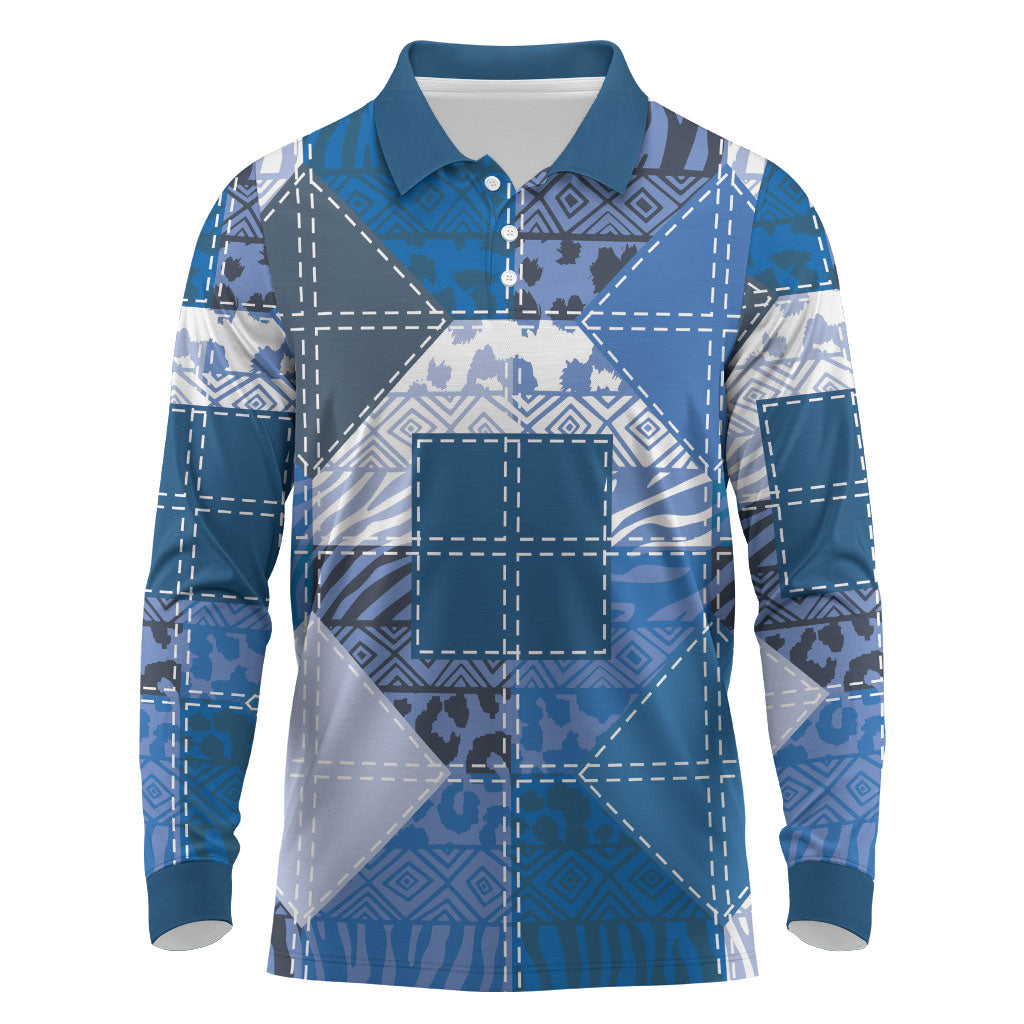 African American Quilt Inspired Long Sleeve Polo Shirt Wild Animal Skin African Blue Tribal Elements