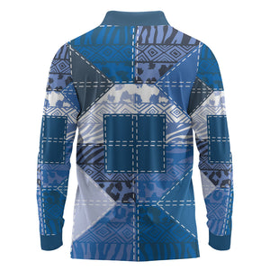 African American Quilt Inspired Long Sleeve Polo Shirt Wild Animal Skin African Blue Tribal Elements