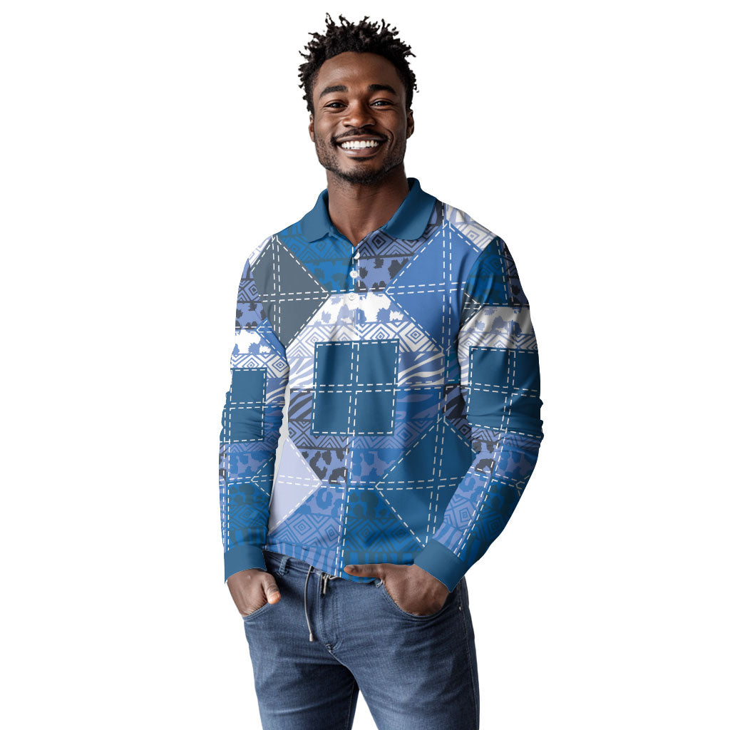 African American Quilt Inspired Long Sleeve Polo Shirt Wild Animal Skin African Blue Tribal Elements