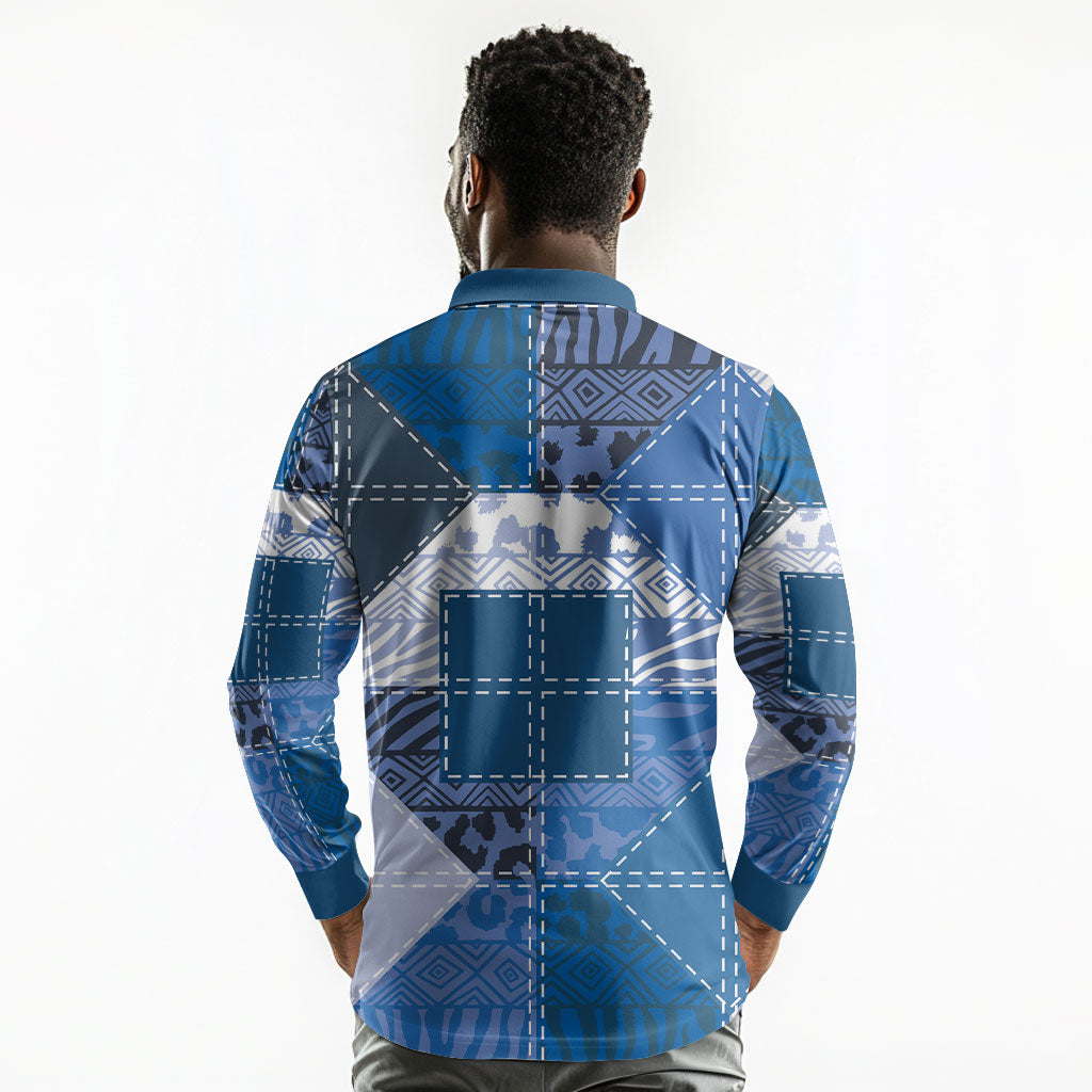African American Quilt Inspired Long Sleeve Polo Shirt Wild Animal Skin African Blue Tribal Elements