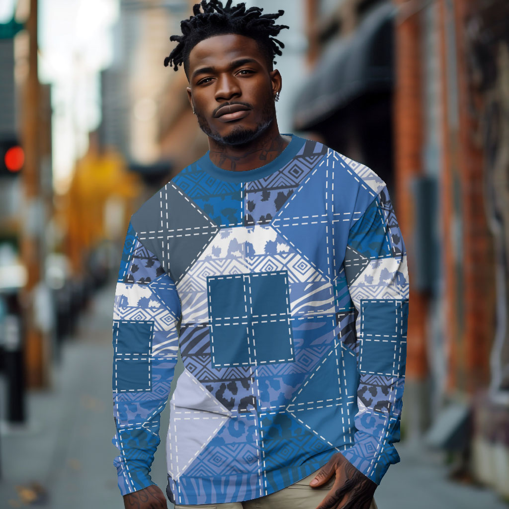 African American Quilt Inspired Long Sleeve Shirt Wild Animal Skin African Blue Tribal Elements