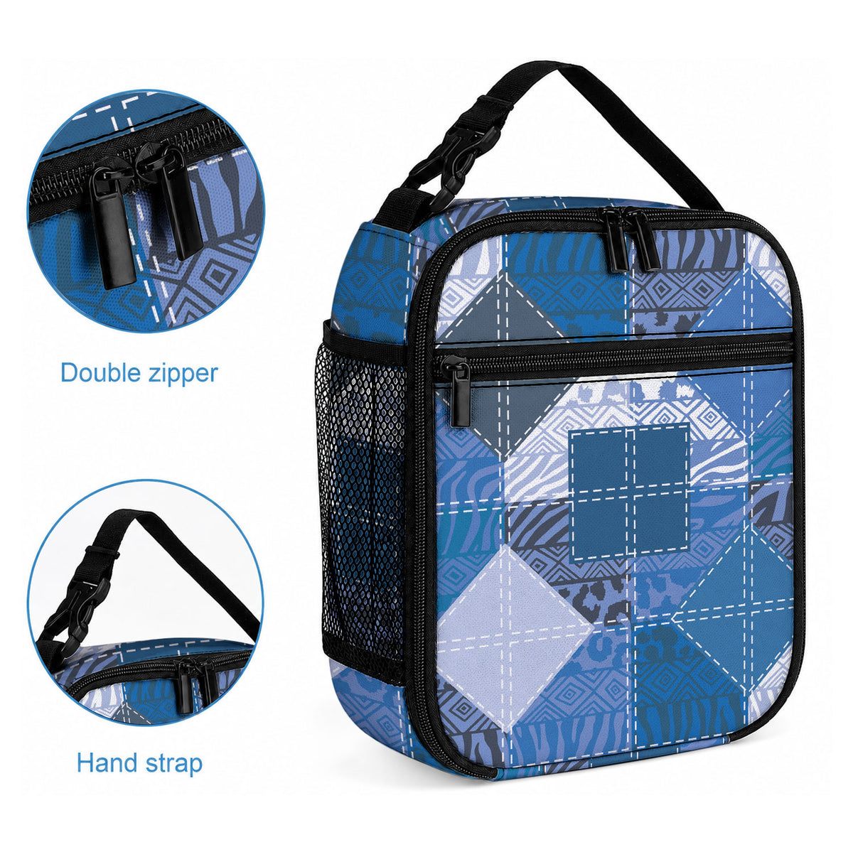 African American Quilt Inspired Lunch Bag Wild Animal Skin African Blue Tribal Elements